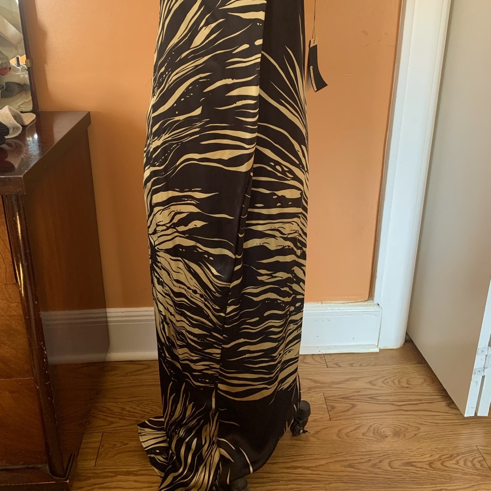 Karen Zambos Vintage strapless lion printed dress.